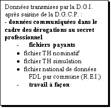 Zone de Texte: Donnes transmises par la D.G.I. aprs saisine de la D.G.C.P. :
- donnes communiques dans le cadre des drogations au secret professionnel
-	fichiers  payants
	fichier TH nominatif
	fichier TH simulation
	fichier national de donnes FDL par commune (R.E.I.)
-	travail  faon 

